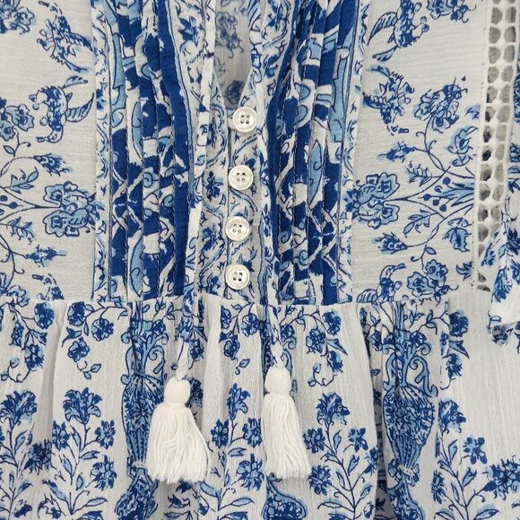 Sea New York Blue White Floral Ruffle Top Size 2 Tassel Tie Babydoll - Picture 6 of 9